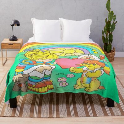 80s Rainbow Girl Puppy Brite Valentine Throw Blanket
