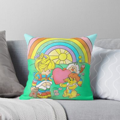 80s Rainbow Girl Puppy Brite Valentine Throw Pillow